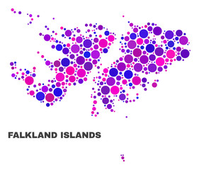 Mosaic Falkland Islands map isolated on a white background. Vector geographic abstraction in pink and violet colors. Mosaic of Falkland Islands map combined of scattered spheric items.