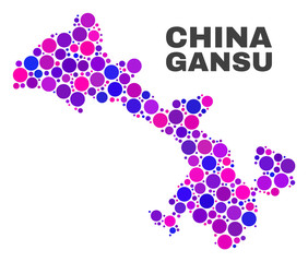 Mosaic Gansu Province map isolated on a white background. Vector geographic abstraction in pink and violet colors. Mosaic of Gansu Province map combined of scattered round elements.