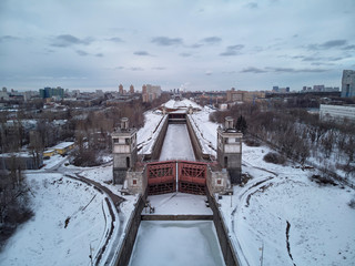 Sluice number 9 on the chanel Moscow-Volga, aerial view, moscow, winter aerial drone view