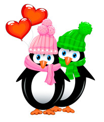 Little penguins with balloons. Two penguins with heart shaped balloons. Penguins on a white background