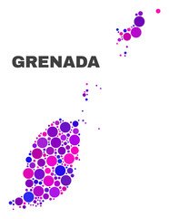 Mosaic Grenada map isolated on a white background. Vector geographic abstraction in pink and violet colors. Mosaic of Grenada map combined of scattered round points.