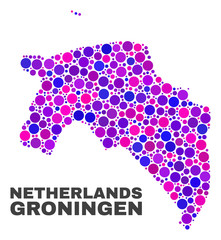 Mosaic Groningen Province map isolated on a white background. Vector geographic abstraction in pink and violet colors. Mosaic of Groningen Province map combined of random spheric points.