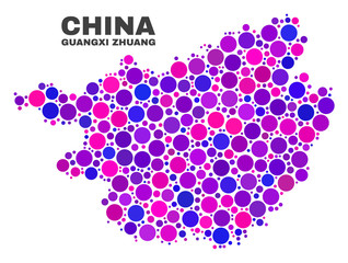 Mosaic Guangxi Zhuang Region map isolated on a white background. Vector geographic abstraction in pink and violet colors. Mosaic of Guangxi Zhuang Region map combined of scattered spheric points.