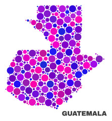 Mosaic Guatemala map isolated on a white background. Vector geographic abstraction in pink and violet colors. Mosaic of Guatemala map combined of random circle elements.