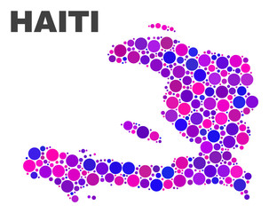 Mosaic Haiti map isolated on a white background. Vector geographic abstraction in pink and violet colors. Mosaic of Haiti map combined of random circle points.