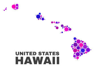 Mosaic Hawaii State map isolated on a white background. Vector geographic abstraction in pink and violet colors. Mosaic of Hawaii State map combined of random spheric elements.