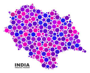 Mosaic Himachal Pradesh State map isolated on a white background. Vector geographic abstraction in pink and violet colors. Mosaic of Himachal Pradesh State map combined of scattered round items.