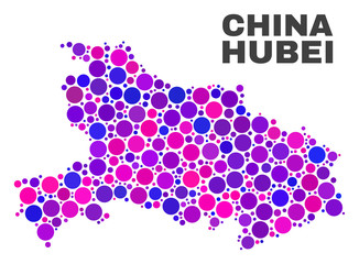 Mosaic Hubei Province map isolated on a white background. Vector geographic abstraction in pink and violet colors. Mosaic of Hubei Province map combined of random round elements.