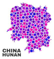 Mosaic Hunan Province map isolated on a white background. Vector geographic abstraction in pink and violet colors. Mosaic of Hunan Province map combined of scattered circle points.