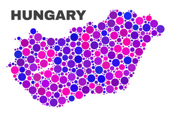 Mosaic Hungary map isolated on a white background. Vector geographic abstraction in pink and violet colors. Mosaic of Hungary map combined of scattered round elements.