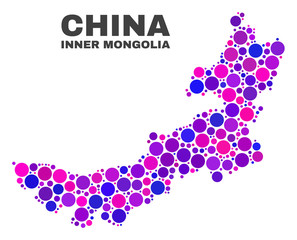 Mosaic Inner Mongolia map isolated on a white background. Vector geographic abstraction in pink and violet colors. Mosaic of Inner Mongolia map combined of scattered circle elements.