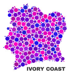Mosaic Ivory Coast map isolated on a white background. Vector geographic abstraction in pink and violet colors. Mosaic of Ivory Coast map combined of random spheric points.