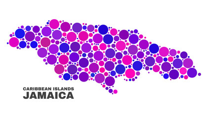 Mosaic Jamaica map isolated on a white background. Vector geographic abstraction in pink and violet colors. Mosaic of Jamaica map combined of scattered spheric points.