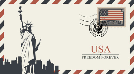 Vector postcard or envelope with New York Statue of Liberty and inscriptions. Postcard with postmark in form of coat of arms and postage stamp with flag of United States of America © paseven