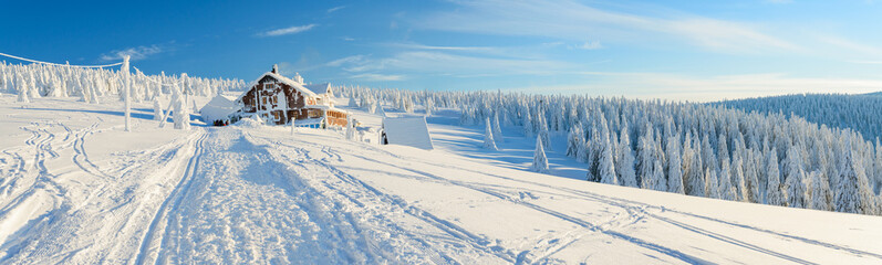 Polish Winter landscape in the mountains, snowy trees and roads.