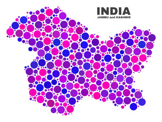 Mosaic Jammu and Kashmir State map isolated on a white background. Vector geographic abstraction in pink and violet colors. Mosaic of Jammu and Kashmir State map combined of random circle elements.