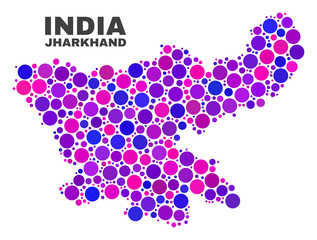Mosaic Jharkhand State map isolated on a white background. Vector geographic abstraction in pink and violet colors. Mosaic of Jharkhand State map combined of scattered spheric points.