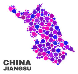 Mosaic Jiangsu Province map isolated on a white background. Vector geographic abstraction in pink and violet colors. Mosaic of Jiangsu Province map combined of random spheric points.