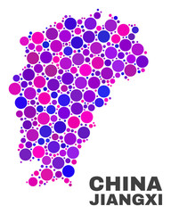 Mosaic Jiangxi Province map isolated on a white background. Vector geographic abstraction in pink and violet colors. Mosaic of Jiangxi Province map combined of scattered round points.