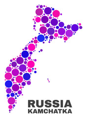 Mosaic Kamchatka map isolated on a white background. Vector geographic abstraction in pink and violet colors. Mosaic of Kamchatka map combined of random circle elements.