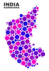 Mosaic Karnataka State map isolated on a white background. Vector geographic abstraction in pink and violet colors. Mosaic of Karnataka State map combined of scattered spheric dots.