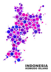 Mosaic Komodo Island map isolated on a white background. Vector geographic abstraction in pink and violet colors. Mosaic of Komodo Island map combined of random round elements.