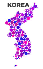 Mosaic Korea map isolated on a white background. Vector geographic abstraction in pink and violet colors. Mosaic of Korea map combined of scattered circle elements.