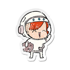 distressed sticker of a cartoon happy spacegirl holding moon rock
