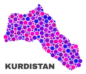 Mosaic Kurdistan map isolated on a white background. Vector geographic abstraction in pink and violet colors. Mosaic of Kurdistan map combined of random spheric elements.