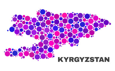 Mosaic Kyrgyzstan map isolated on a white background. Vector geographic abstraction in pink and violet colors. Mosaic of Kyrgyzstan map combined of scattered round points.