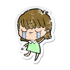distressed sticker of a cartoon woman crying