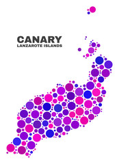 Mosaic Lanzarote Islands map isolated on a white background. Vector geographic abstraction in pink and violet colors. Mosaic of Lanzarote Islands map combined of random round items.