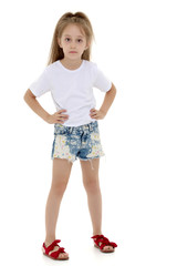 Little girl in a pure white t-shirt for advertising and shorts.