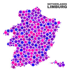 Mosaic Limburg Province map isolated on a white background. Vector geographic abstraction in pink and violet colors. Mosaic of Limburg Province map combined of random circle points.