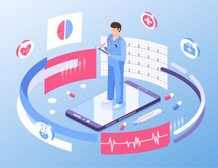 Online medicine healthcare isometric illustration. Web design vector template. Male doctor on smartphone with medication, symbols and documents. 