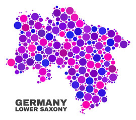 Mosaic Lower Saxony Land map isolated on a white background. Vector geographic abstraction in pink and violet colors. Mosaic of Lower Saxony Land map combined of scattered spheric points.