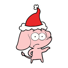 line drawing of a unsure elephant wearing santa hat