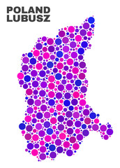 Mosaic Lubusz Voivodeship map isolated on a white background. Vector geographic abstraction in pink and violet colors. Mosaic of Lubusz Voivodeship map combined of scattered round items.