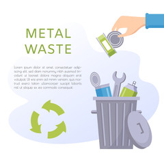 Metal waste vector illustration. Home stuff - canned goods, tins, keys, soda can, tools, nut, nail, screw, wrench, lock. Recycling ecology problem isolate on white background objects collection. 