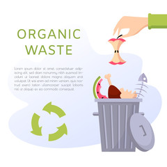 Organic waste vector illustration. Food garbage - apple stump, fish bones, eggshell, meat, watermelon. Recycling ecology problem isolate on white background objects collection.