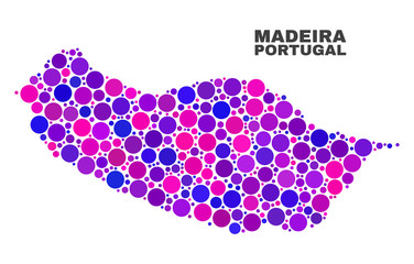 Mosaic Madeira map isolated on a white background. Vector geographic abstraction in pink and violet colors. Mosaic of Madeira map combined of scattered round items.