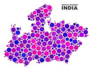 Mosaic Madhya Pradesh State map isolated on a white background. Vector geographic abstraction in pink and violet colors. Mosaic of Madhya Pradesh State map combined of random circle points.