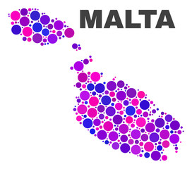 Mosaic Malta map isolated on a white background. Vector geographic abstraction in pink and violet colors. Mosaic of Malta map combined of scattered round points.