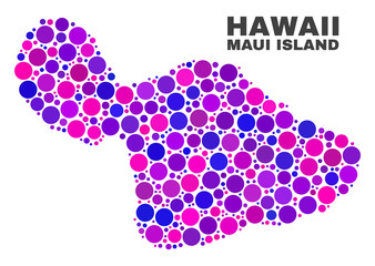 Mosaic Maui Island map isolated on a white background. Vector geographic abstraction in pink and violet colors. Mosaic of Maui Island map combined of scattered spheric elements.