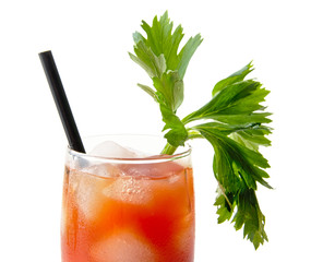 Close-up of bloody mary with ice cubes with celery on white