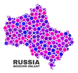 Mosaic Moscow Region map isolated on a white background. Vector geographic abstraction in pink and violet colors. Mosaic of Moscow Region map combined of scattered spheric points.