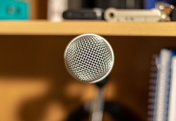 Close-up of a microphone in a music studio