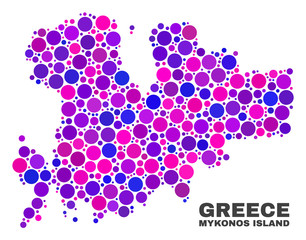 Mosaic Mykonos Island map isolated on a white background. Vector geographic abstraction in pink and violet colors. Mosaic of Mykonos Island map combined of random round items.