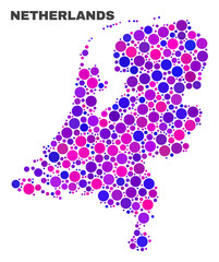 Mosaic Netherlands map isolated on a white background. Vector geographic abstraction in pink and violet colors. Mosaic of Netherlands map combined of random circle items.
