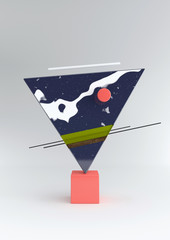 Minimalistic abstract design, composition consisting of chaotically scattered geometric elements. 3d rendering of a style of suprematism. Trendy poster.